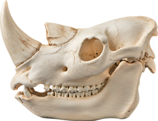 Weathered rhinoceros skull with prominent horn and visible teeth side view.