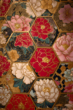 Hexagonal Elegance: Stylized Peony Blossoms in Traditional Japanese Inspired Motifs