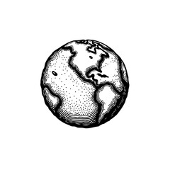 Illustrated globe with prominent continents and detailed texture showcases global interconnectedness and environmental themes in a minimalist design