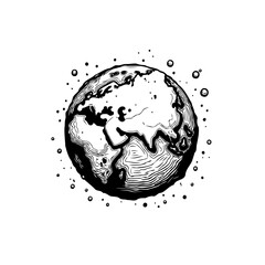 A captivating black and white earth illustration showcasing continents and oceans, surrounded by scattered stars, perfect for educational materials