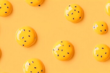 Fototapeta premium Yellow drops of passion fruit puree with seeds creating a modern food seamless pattern. Abstract sweet fruit background for dessert.