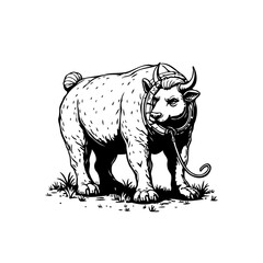 A captivating monochrome depiction of a powerful bull with striking harness and commanding presence that showcases strength and wildness