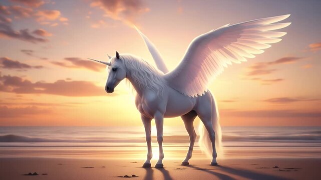 Magical winged unicorn gracefully walking on sandy beach at scenic sunset, creating a serene and ethereal atmosphere. The sky is filled with warm