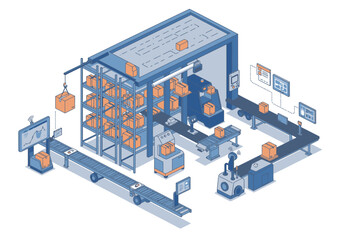Obraz premium Automated warehouse scene with conveyors robots and boxes