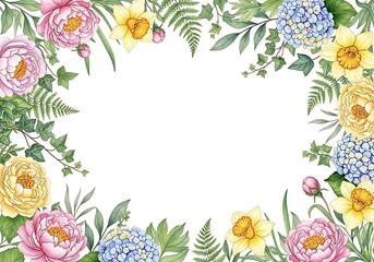 Watercolor floral frame with peonies, daffodils, hydrangeas and greenery beautiful design