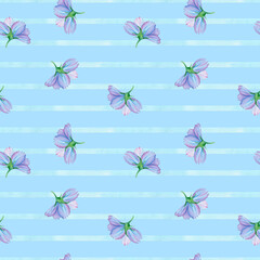 Seamless blue flower pattern on striped background. Forget-me-not endless backdrop. Hand drawn floral watercolor repeating illustration for textile, wrapping, wallpaper, fabric, paper, cover, decor