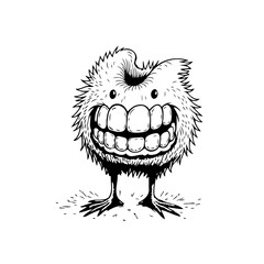 Whimsical monster character illustration with exaggerated smile and furry texture creating a playful design on white background