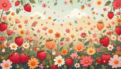Fototapeta premium Cartoon Country Charm Playful stylized flowers and strawberries bring a touch of whimsy to this vibrant country floral