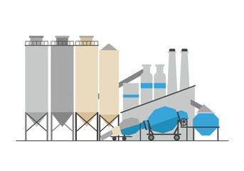 Cement factory silos mixers and smokestacks against a white backdrop