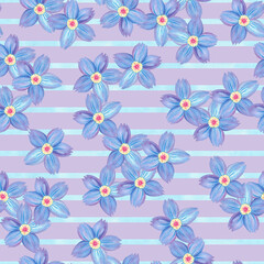 Fototapeta premium Seamless blue flower pattern on striped background. Forget-me-not endless backdrop. Hand drawn floral watercolor repeating illustration for textile, wrapping, wallpaper, fabric, paper, cover, decor