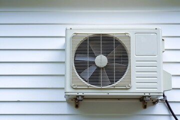 Exterior air conditioning unit mounted on a white house siding.