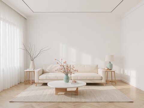 Elegant minimalist living room featuring soft pastel colors and a serene ambiance showcasing modern interior design