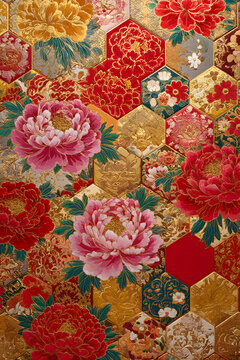 Hexagonal Elegance: Stylized Peony Blossoms in Traditional Japanese Inspired Motifs