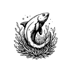 Hand drawn illustration of a fish leaping out of aquatic plants and bubbles in black and white