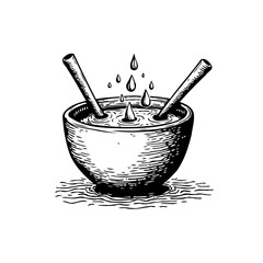 Vintage bowl illustration featuring water drops and straws creating a nostalgic and artistic composition