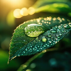 A vibrant green leaf is covered in glistening raindrops, captured in a stunning macro shot. The fresh, detailed texture and soft backlighting create a serene and natural scene