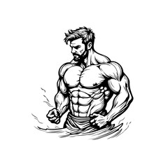 Illustration of a muscular man with a beard demonstrating strength and fitness bodybuilding concept design artwork