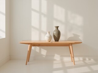 Elegant Scandinavian console table with minimalist vases and window light creating a serene interior scene