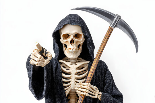 Creepy Grim Reaper Skeleton Holding Scythe with Hood in Studio. Ai Generated Images - Powered by Adobe