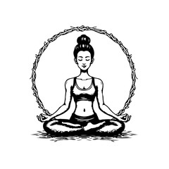 Meditating woman in lotus position encircled by branches artistic yoga illustration concept spiritual awareness self-care peacefulness relaxation wellbeing