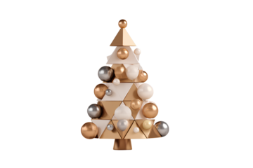 Minimalist Modern Christmas Tree with Geometric Ornaments, Front View, Isolated on Transparent Background.