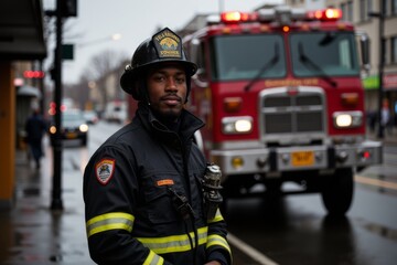 Obraz premium A firefighter stands on a city street.