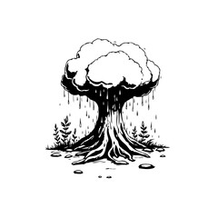 Fototapeta premium Monochrome Illustration of a Tree with Rain or Tears Symbolizing Sadness or Environmental Concerns