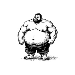 Illustration of a strong and powerful man with a beard showcasing raw strength in black and white