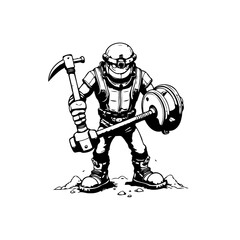 A cartoon depiction of a miner character holding mining equipment with hard work determination labor theme illustration