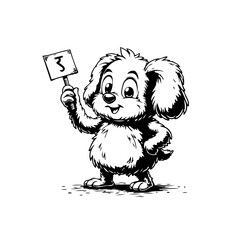 Adorable puppy cartoon character holding number three sign expressing positivity and happy feelings through simple line art