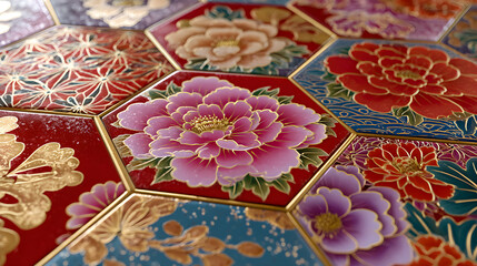 Fototapeta premium Hexagonal Elegance: Stylized Peony Blossoms in Traditional Japanese Inspired Motifs