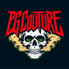 A stylized skull with green eyes exhales vapor, centered beneath a bold, cracked logo.