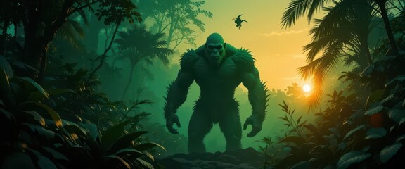  Tropical Titan Emerald Green Silhouette of an Ape Like Cryptid Powerfully Posed in the Jungle at Sundown