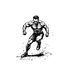 Dynamic action shot of muscular man running with intensity showcasing athleticism and strength black and white
