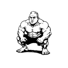 Focused muscular man illustration showcasing strength and physique in fitness squat pose for health and wellness