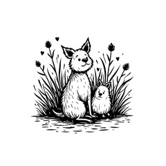 Cute cartoon dog family illustration with playful puppy amidst tall grass and heart accents design