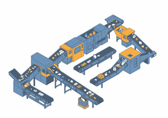 Illustration of a blue and yellow recycling plant with conveyor belts sorting waste