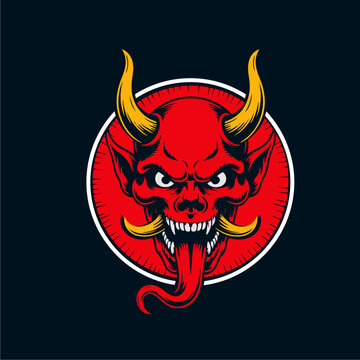 recommend clip art: Angry red demon head graphic design, circular emblem, with horns and open mouth.