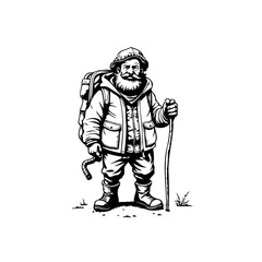 Vintage illustration of a traveler with beard carrying backpack, walking stick ready for adventure