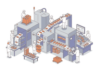 Illustration shows a bakery conveyor belt with workers  machinery processing bread