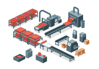 Obraz premium Isometric factory conveyors machines and workstations