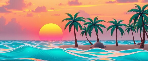 Vibrant sunset over playful, cartoonish palm trees and turquoise waves, whimsical, nature