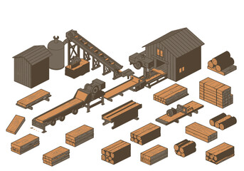 Isometric lumber mill factory sawmill logs planks machinery  wood © Donjuan Studio