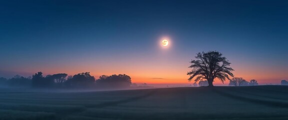 Fototapeta premium Pale moonlight bathes dew-kissed fields, trees silhouetted against a fading twilight sky, sky, environment