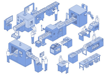 Isometric view of a factory assembly line with workers  machines