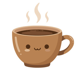 A cute, steaming cup of coffee with a happy face, perfect for a cozy morning.