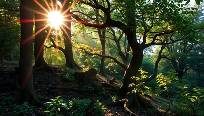 Ancient woodland, sunlight dappling through leaves,  path,  roots