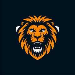 An orange lion head with a fierce expression, showcasing its teeth, set against a dark background.