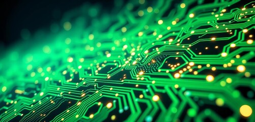 Abstract green-blue circuit board with glowing nodes, representing digital innovation,  digital world,  future