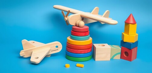 Wooden toy plane, stacking rings, pyramid, and colorful blocks on a blue background,  toy,  blue background